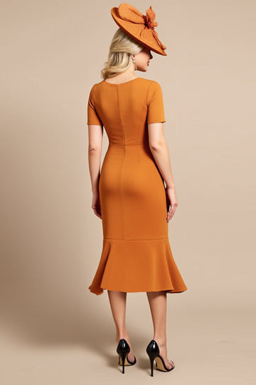 Orange Sheath V Neck Midi Mother Of The Bride Dress
